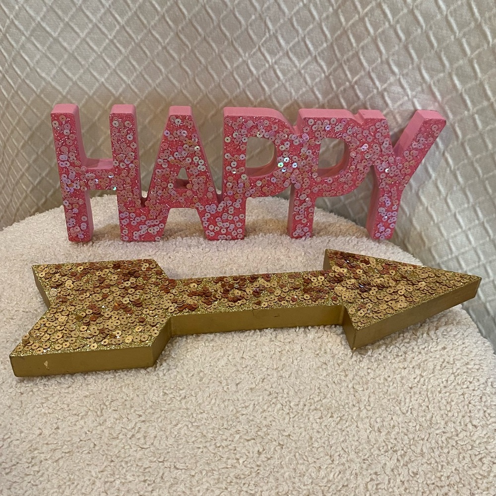 Gold Sequin Arrow and Pink Sequin 'HAPPY' Decor. Great for a little girls room.